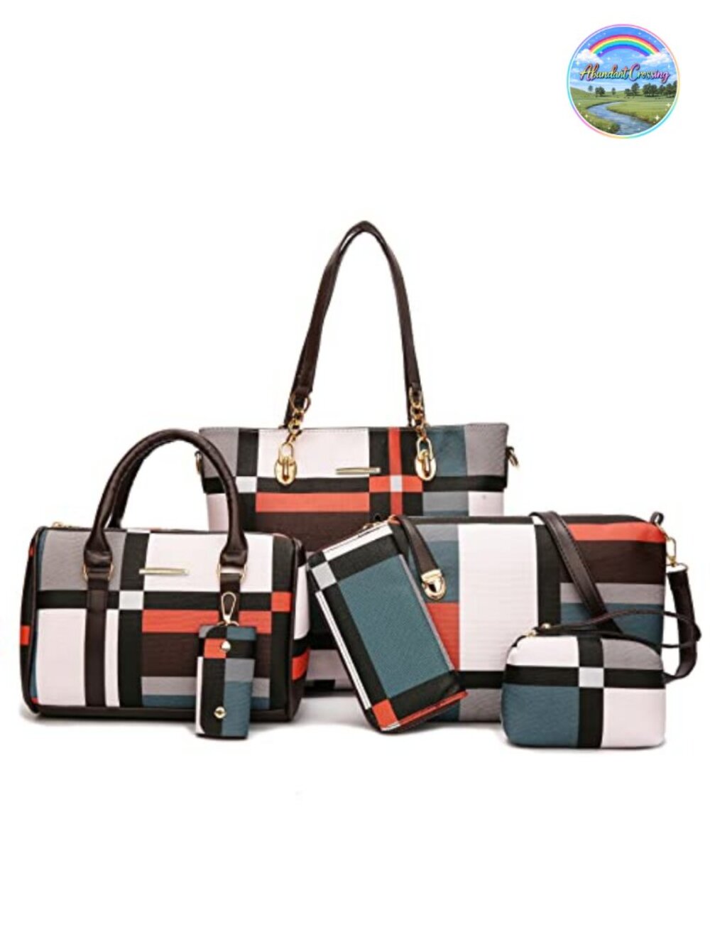 6pc Faux Leather Purse Set Satchel Shoulder Tote Top Handle Bag